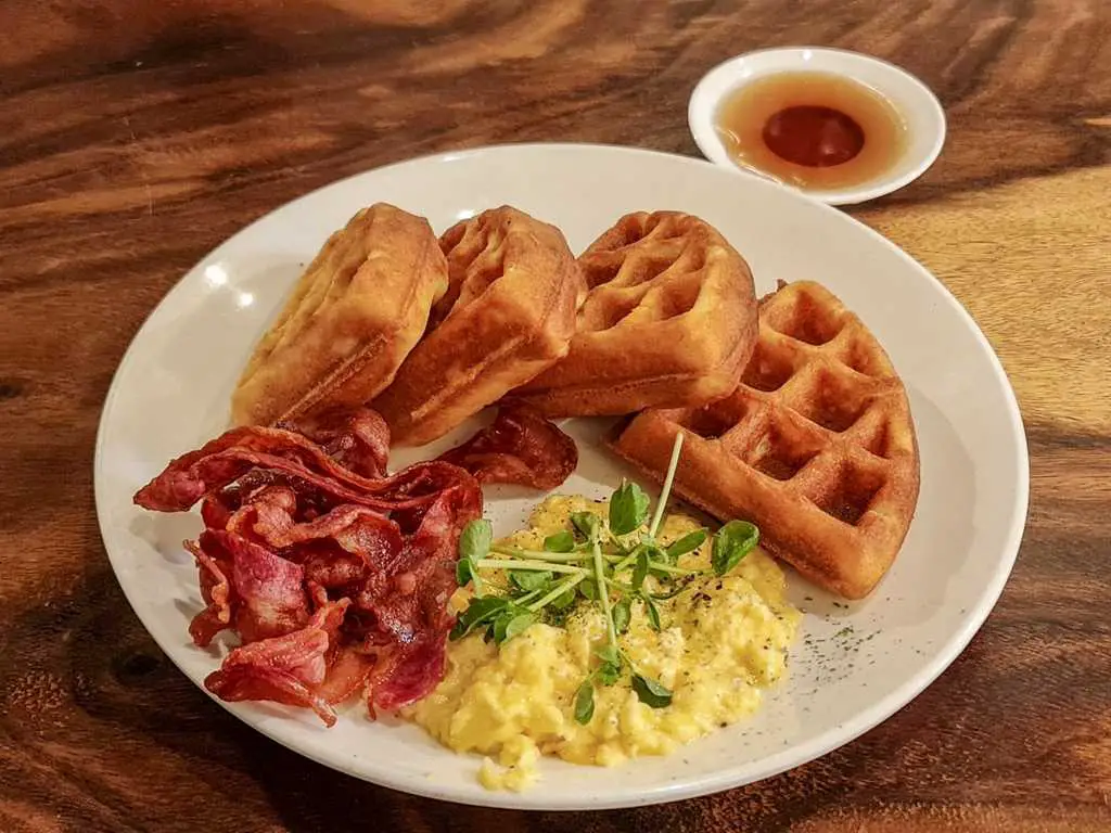 Flock Cafe Waffles Scrambled Eggs With Bacon